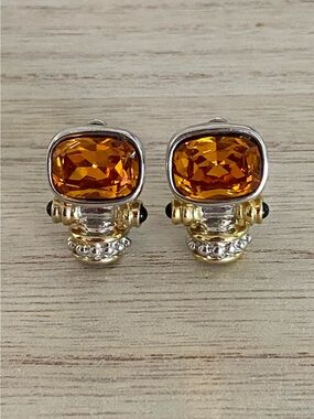 Vintage 90s Byzantine Clip-On Earrings Genuine Citrine & Onyx | Yurman Style
